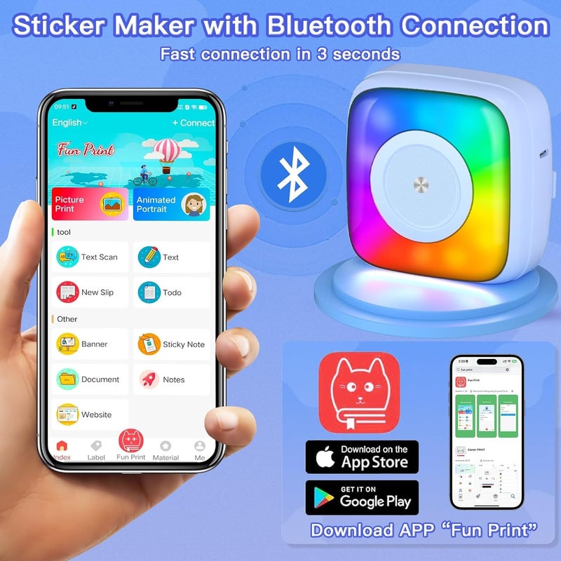 LBT Sticker Printer Print Pod with 6 Rolls Sticker Paper, Seven Color Lighting Modes for DIY Scrapbook, Travel, Notes, Label, Memo, Compatible with iOS&Android - Image 4